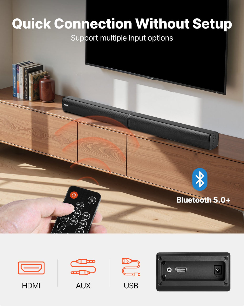 Sound Bar For Smart TV, 2.0 Channel, 32-Inch 2 In 1 Detachable Soundbar TV Speakers, With Bluetooth HDMI AUX USB Connection, Remote Control, 80W Surround Sound System, For Home Theater Audio